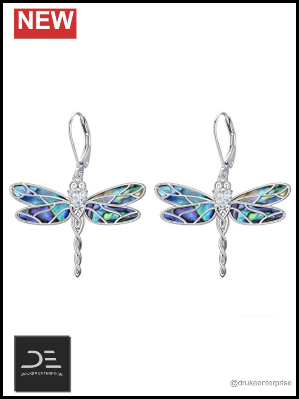 925 Sterling Silver Dragonfly Dangle Earrings Abalone Shell Heart Gemstone